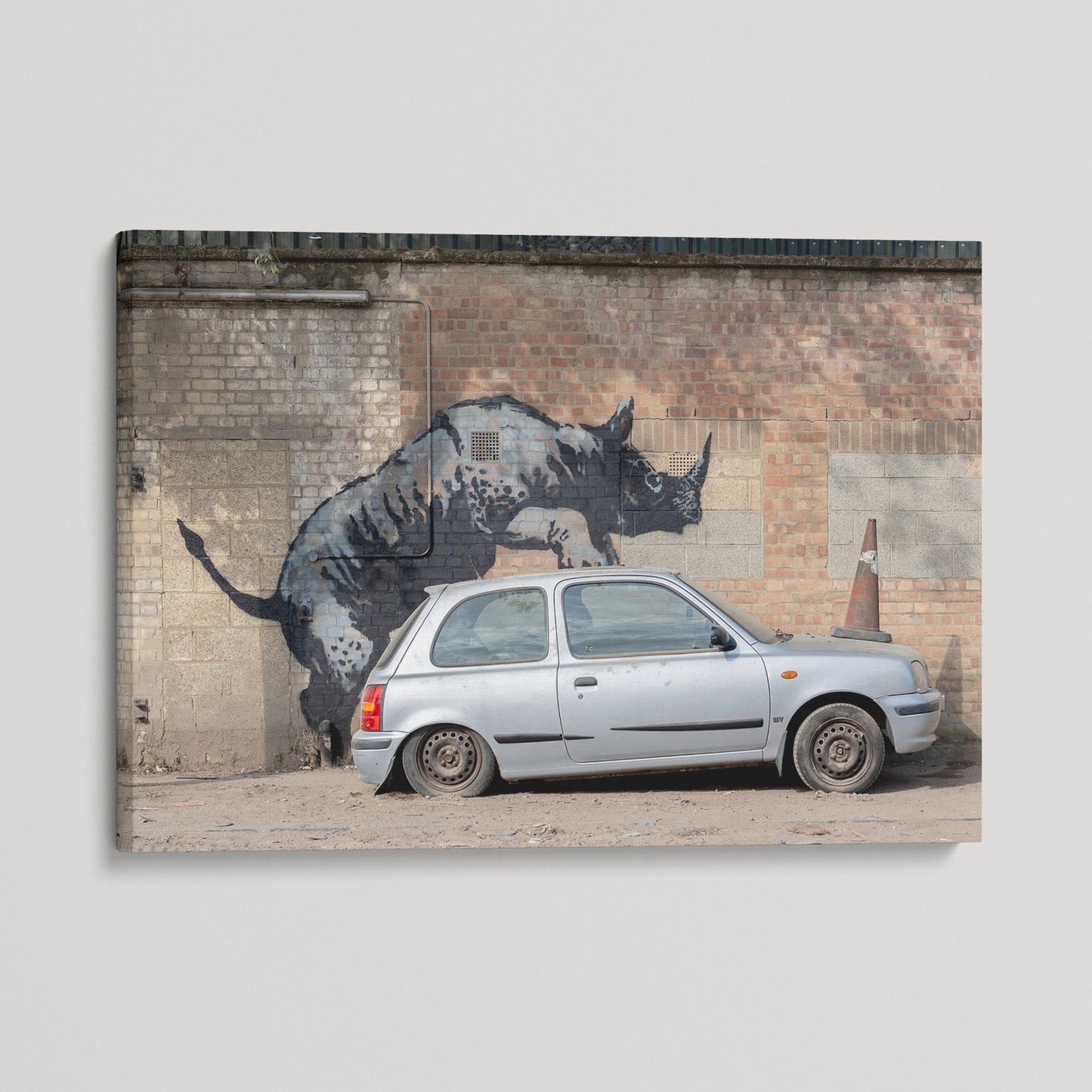 Banksy Rhino meets Car Canvas