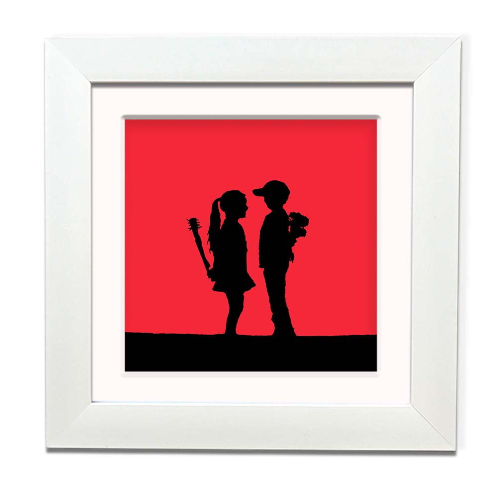 Banksy Boy Meets Girl Red Framed Square art print with mount