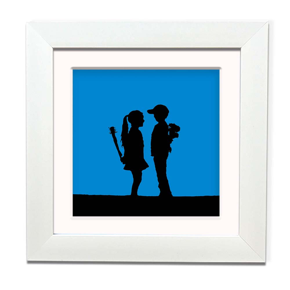 Banksy Balloon Girl Blue Framed Square art print with mount