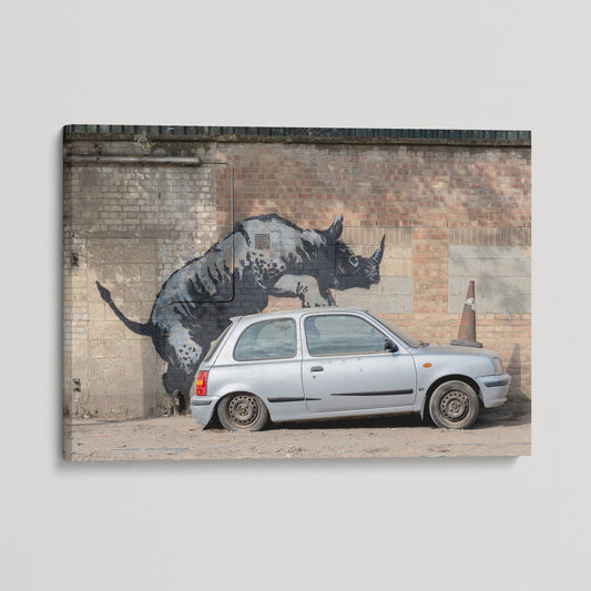 Banksy Rhino meets Car Canvas