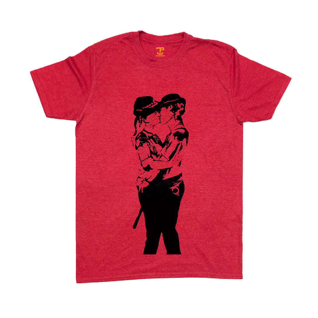 Banksy Female Kissing Cops Mens T-Shirt